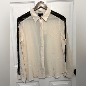 Tt COLLECTION Women's Ivory Silk & Black Lace Long Sleeve Button Down Shirt NEW